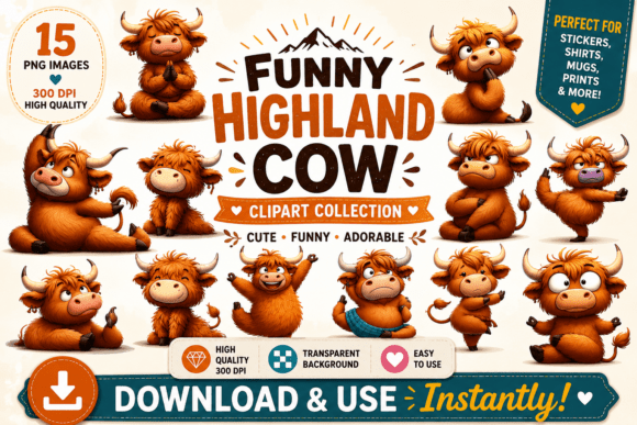 15 Yoga Highland Cow - Whimsical Clipart