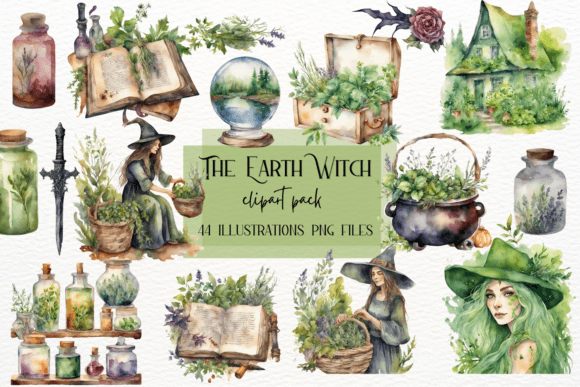 Earth Witch Watercolor Clipart: Herbal Art for Modern Makers