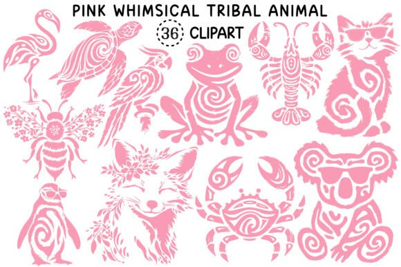 Pink Whimsical Tribal Animal PNG Bundle for Creative Projects