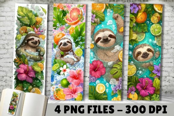 Summer Fruit Hibiscus Sloth Bookmark: A Design Asset for Creative Projects