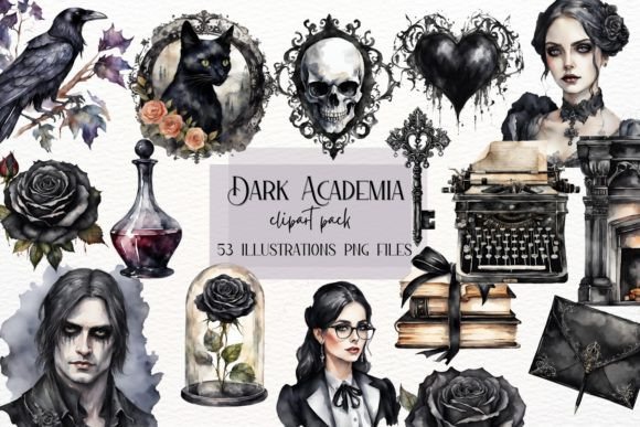 Watercolor Gothic Academia Clipart for Visual Storytelling