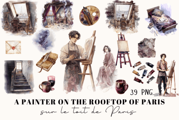 Watercolor Paris Artist Clipart | 39 PNG for Nostalgic Design