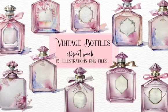 Watercolor Vintage Perfume Bottles: Digital Art for Designers